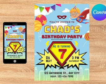 Superhero Birthday Invitation, Editable Kids Party Card (Digital)