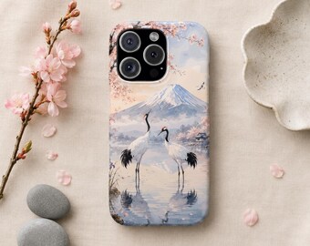 Japanese Crane Mount Fuji iPhone Case, Watercolor Cherry Blossom Sakura Art