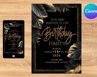 Gold and Black Birthday Invitation Template, Elegant Party (Digital Download)