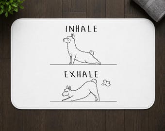 Funny Llama Bath Mat, Yoga Bathroom Decor, Inhale Exhale Bath Rug