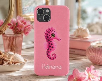Personalized Pink Seahorse Phone Case, Custom Name iPhone Case, Cute Ocean Sea Life Cover, Pink Coastal Aesthetic Gift for Her, Custom Case