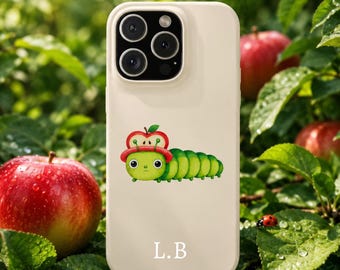 Personalized Caterpillar iPhone Case, Apple Hat Cottagecore Cover, Kawaii Animal Phone Case