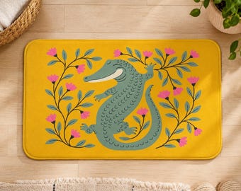 Folk Art Crocodile Bath Mat, Boho Floral Alligator Rug, Whimsical Yellow Animal Decor