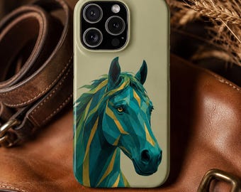 Geometric Horse iPhone Case, Modern Teal Art Cover, Equestrian Animal Art