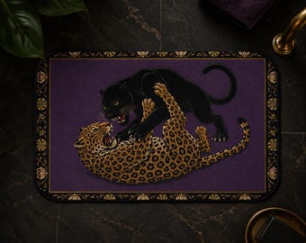 Leopard Panther Bath Mat, Maximalist Bathroom Decor, Purple Eclectic Bath Rug