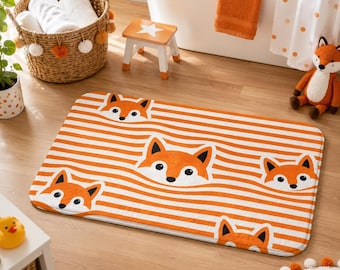 Fox Striped Bath Mat, Woodland Nursery Rug, Playful Animal Bathroom Decor