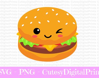 Söt hamburgare SVG, kawaii cheeseburgare clipart (digital nedladdning)