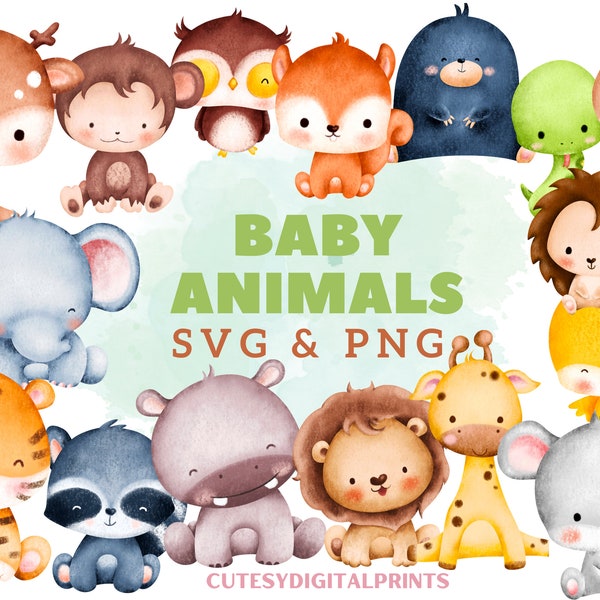 Baby Animal SVG Bundle, Safari Animal PNG, Baby Animal Cut File, Baby Animal Clipart, Safari Animal Silhouette, Nursery Animal SVG