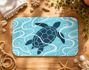 Sea Turtle Illustration Bath Mat | Ocean Waves, Aqua Turtle