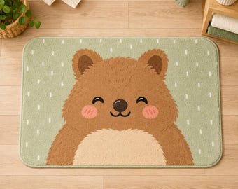 Smiling Quokka Bath Mat, Kawaii Sage Green Bathroom Decor, Plush Non-Slip Rug