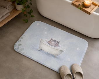 Watercolor Hippo Bath Mat, Bubble Bath Bathroom Decor, Kids Nursery Rug