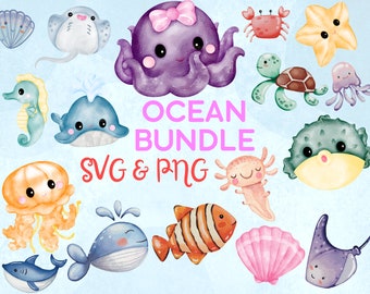 Watercolor Ocean Animals SVG Clipart Bundle (Digital Download)
