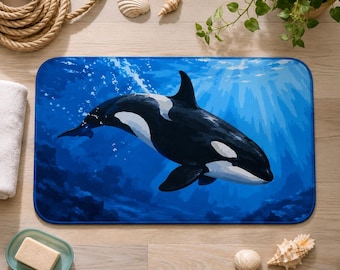 Orca Whale Bath Mat | Ocean Underwater Scene, Blue Sea Design