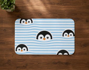 Penguin Bath Mat, Blue Stripes, Plush Microfiber, Non-Slip Bath Rug