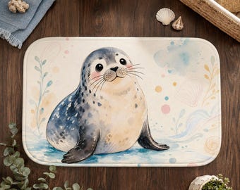 Seal Bath Mat, Watercolor Ocean Animal Coastal Bathroom Rug, Memory Foam Home Decor