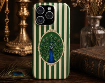Peacock Phone Case, Vintage Framed Bird Art, Green Stripes iPhone Cover