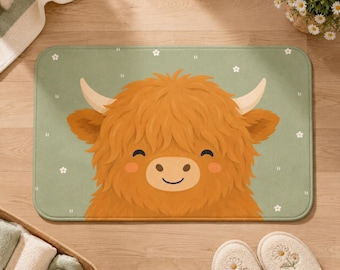 Highland Cow Bath Mat, Sage Green Cottagecore Rug, Plush Microfiber Non-Slip Bathroom Decor