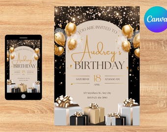 Gold Glitter Birthday Invitation Template, Black Party Theme (Digital Download)