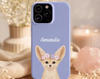 Personalized Fennec Fox Floral iPhone Case, Whimsical Animal Phone Cover