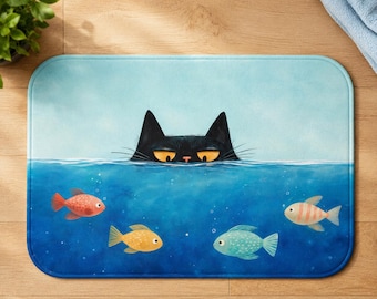 Curious Black Cat Bath Mat, Ocean Fish Bathroom Decor, Memory Foam Non Slip Rug