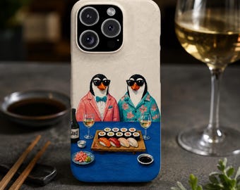 Penguin Sushi Dinner iPhone Case, Quirky Animal Art Cover, Foodie Gift
