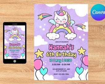 Glitter Unicorn Birthday Invitation, Editable Canva Template (Digital Download)
