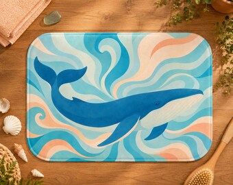Blue Whale Wave Art Bath Mat | Ocean Swirl Bathroom Decor