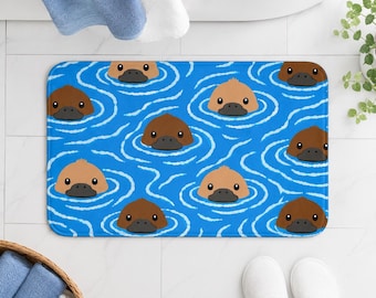 Platypus Bath Mat, Blue Water Animal, Kids Bath Rug, Non-Slip Bathroom Decor