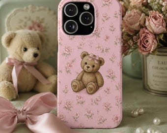 Teddy Bear Floral iPhone Case, Vintage Coquette Pink Bow Cover