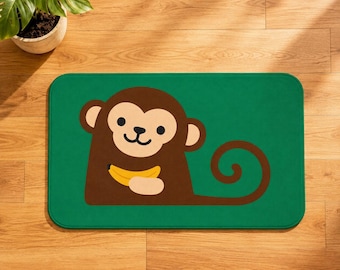 Monkey Bath Mat, Jungle Nursery Decor, Green Plush Rug, Non-Slip Memory Foam