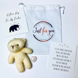 Cadeau d’enseignant - Pocket Bear Hug - Merci d’enseignant - Cadeau de Noël d’enseignant - Fin d’année d’enseignant - Avec coeur de pierre précieuse de coeur de quartz rose