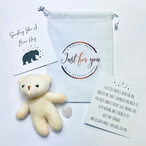Invia un abbraccio - Abbraccio dell'orso tascabile - Pubblica un abbraccio - Pensando a te regalo - Regalo di supporto - Regalo di guarigione - Con cuore di pietra preziosa cuore di quarzo rosa