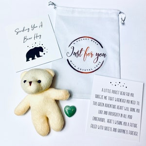 Invio di fortuna - Abbraccio con orsetto tascabile - Pubblica un abbraccio con fortuna - Pensando al tuo regalo - Regalo di buona fortuna - Con cuore di pietra preziosa Green Luck