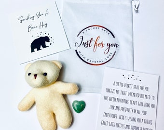 Sending Luck - Pocket Bear Hug - Post a hug with luck - Thinking of you gift - Good luck gift - With Green Luck gemstone heart