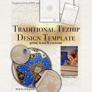 May include: A digital template for traditional Tezhip design featuring A3 and A4 PDF and PNG files. The image displays intricate line art patterns, a finished blue and gold illuminated manuscript sample, and a process video preview.