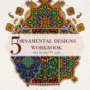 Può includere: Una copertina di quaderno con il titolo "5 Ornamental Designs Workbook". La copertina presenta motivi ornati e colorati nelle tonalità del blu, verde, oro e rosso. È incluso anche il testo "Step-by-step PDF Guide".