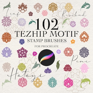 Könnte beinhalten: Eine digitale Sammlung von 102 Tezhip-Motiv-Stempelpinseln für Procreate, die eine Vielzahl bunter Blumen- und Blattdesigns in Rosa-, Lila-, Orange-, Blau- und Grüntönen zeigt, mit dem Text 102 TEZHIP MOTIF STAMP BRUSHES FOR PROCREATE.