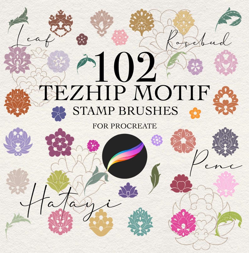 May include: A digital collection of 102 Tezhip motif stamp brushes for Procreate, featuring a variety of colorful floral and leaf designs in shades of pink, purple, orange, blue, and green, with the text 102 TEZHIP MOTIF STAMP BRUSHES FOR PROCREATE.