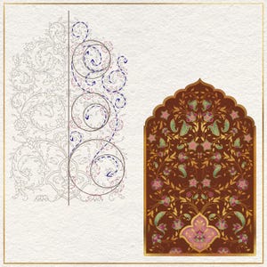 May include: An artistic illustration featuring an ornate design. The image showcases a detailed floral pattern in brown, gold, and pink hues, alongside a partially sketched floral design with construction lines. The background is a textured off-white.