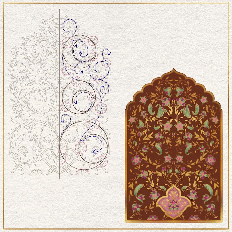 May include: An artistic illustration featuring an ornate design. The image showcases a detailed floral pattern in brown, gold, and pink hues, alongside a partially sketched floral design with construction lines. The background is a textured off-white.