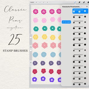 May include: A digital interface displaying 25 stamp brushes for Procreate, featuring a menu with black flower icons and a canvas showing rows of colorful floral stamps in pink, teal, yellow, light blue, purple, and red on a textured background.