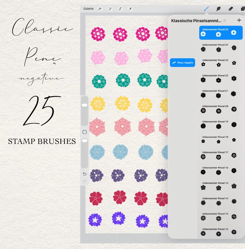 May include: A digital interface displaying 25 stamp brushes for Procreate, featuring a menu with black flower icons and a canvas showing rows of colorful floral stamps in pink, teal, yellow, light blue, purple, and red on a textured background.