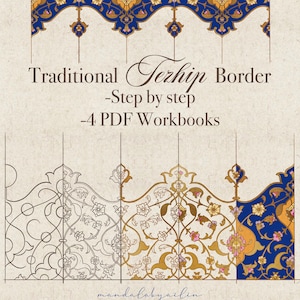 以下が含まれることがあります： 伝統的なテズヒップボーダーデザインのデジタルワークブックの表紙。 デザインは金、青、ピンクの色合いで、「Traditional Tezhip Border -Step by step -4 PDF Workbooks」というテキストとアーティストのサインが入っています。