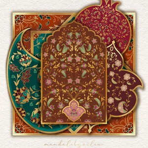 May include: An ornate, layered design featuring floral and paisley patterns in shades of brown, teal, burgundy, and gold. The central element is a brown arch with a floral design, surrounded by a pomegranate and paisley shapes. The text "mandalabyailin" is at the bottom.