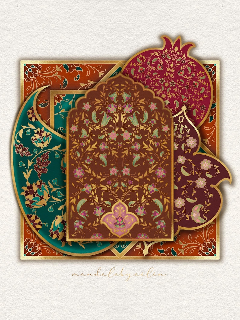 May include: An ornate, layered design featuring floral and paisley patterns in shades of brown, teal, burgundy, and gold. The central element is a brown arch with a floral design, surrounded by a pomegranate and paisley shapes. The text "mandalabyailin" is at the bottom.