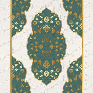 May include: A rectangular digital print featuring a central teal medallion with intricate gold floral and vine patterns. The design includes symmetrical botanical motifs and curved edges, set against a textured off-white background with gold borders.