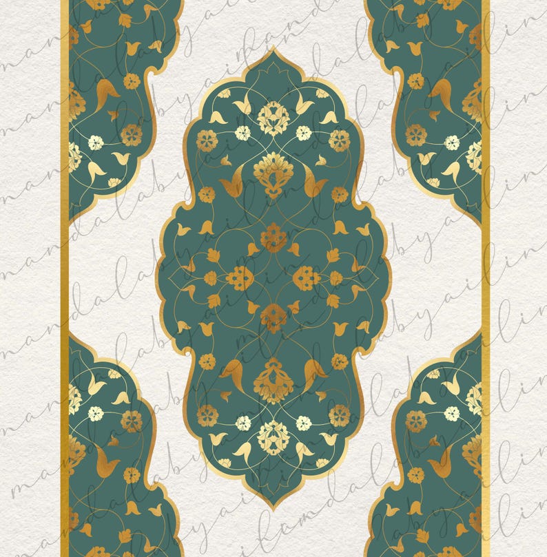 May include: A rectangular digital print featuring a central teal medallion with intricate gold floral and vine patterns. The design includes symmetrical botanical motifs and curved edges, set against a textured off-white background with gold borders.
