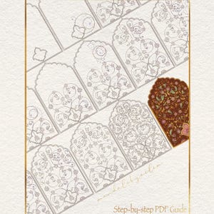 May include: A detailed illustration of arched shapes with floral patterns, some in outline and others filled with color. A decorative element with a brown background and floral design is in the corner. The text "Step-by-step PDF Guide" is at the bottom.