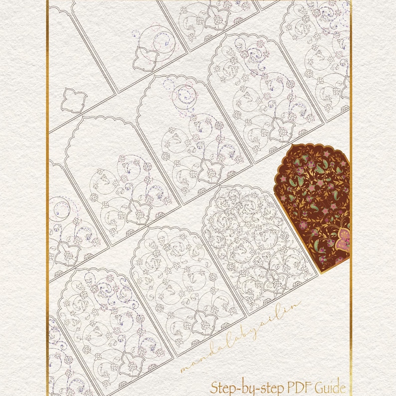 May include: A detailed illustration of arched shapes with floral patterns, some in outline and others filled with color. A decorative element with a brown background and floral design is in the corner. The text "Step-by-step PDF Guide" is at the bottom.