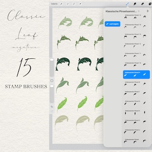 May include: A digital interface displaying a collection of 15 leaf stamp brushes for Procreate. The screen shows various green leaf illustrations arranged in a grid, with a sidebar menu titled Klassische Pinselsammlung listing the brushes.